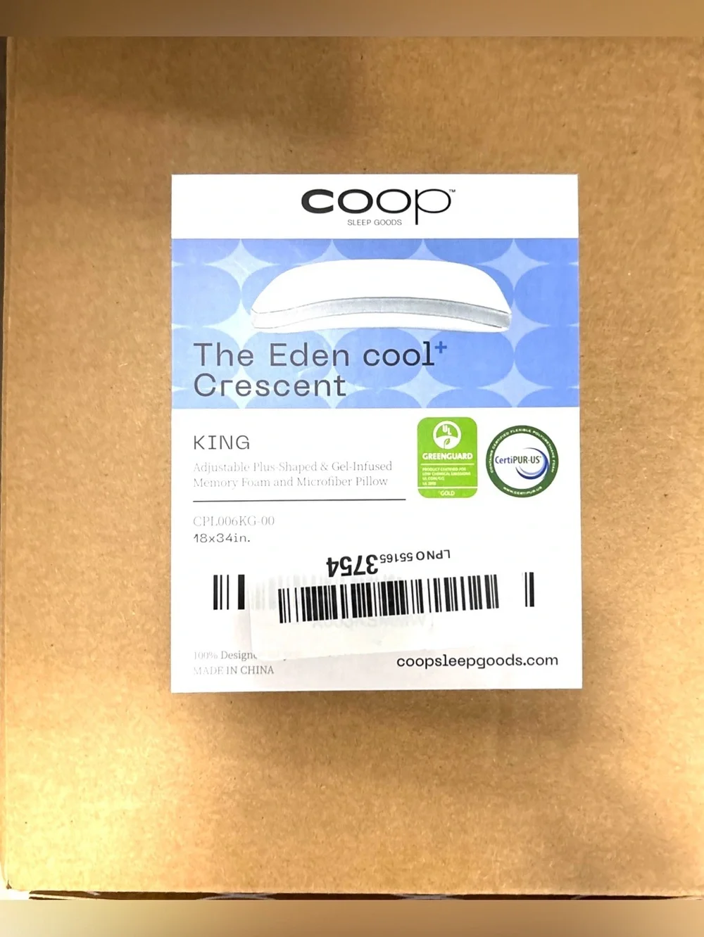 Coop Sleep Goods Eden Cool+ Crescent King Pillow Gel Memory Foam